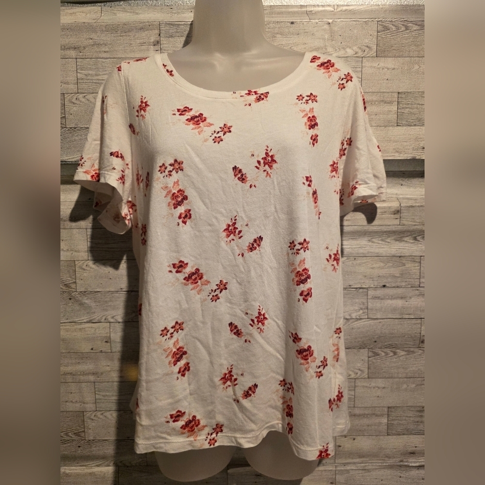 Lucky Brand White Short Sleeve Tee with Red Floral Print